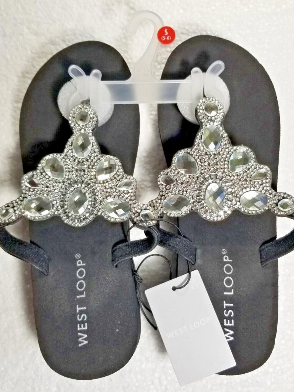 Women's Sandals Rhinestone Crystal Look Wedge Slip-On Black NEW Size S (5-6)